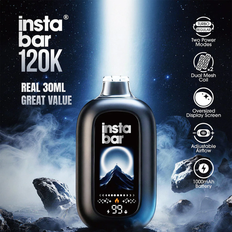 Shop Insta Bar 120K Disposable Vape in Regina Canada. 30ml salt for up to 120,000 puffs 