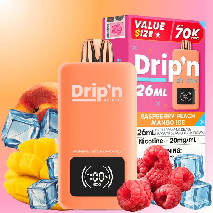 Drip'n by Envi 70K Disposable Vape - Raspberry Peach Mango Ice 26mL / 70000 Puffs / 20mg Vape Superstore  Saskatchewan Canada