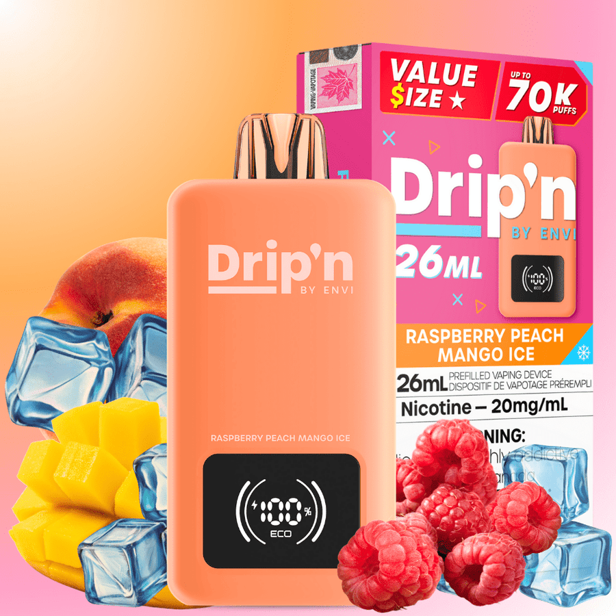 Drip'n by Envi 70K Disposable Vape - Raspberry Peach Mango Ice 26mL / 70000 Puffs / 20mg Vape Superstore  Saskatchewan Canada