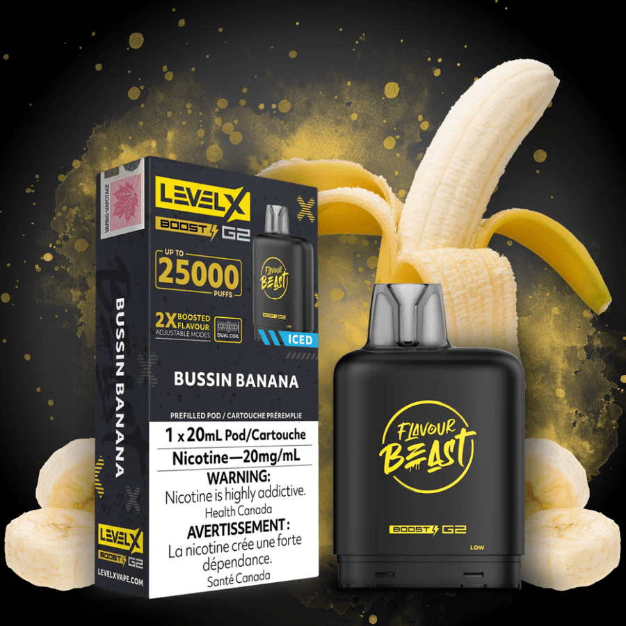 Flavour Beast Level X Boost G2 Pod - Bussin Banana Iced 25000 Puffs / 20mg Vape Superstore  Saskatchewan Canada