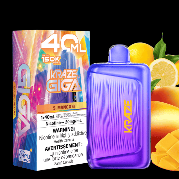 Kraze Giga 150K Disposable Vape - S. Mango G 40mL / 150000 Puffs / 20mg/mL Vape Superstore  Saskatchewan Canada