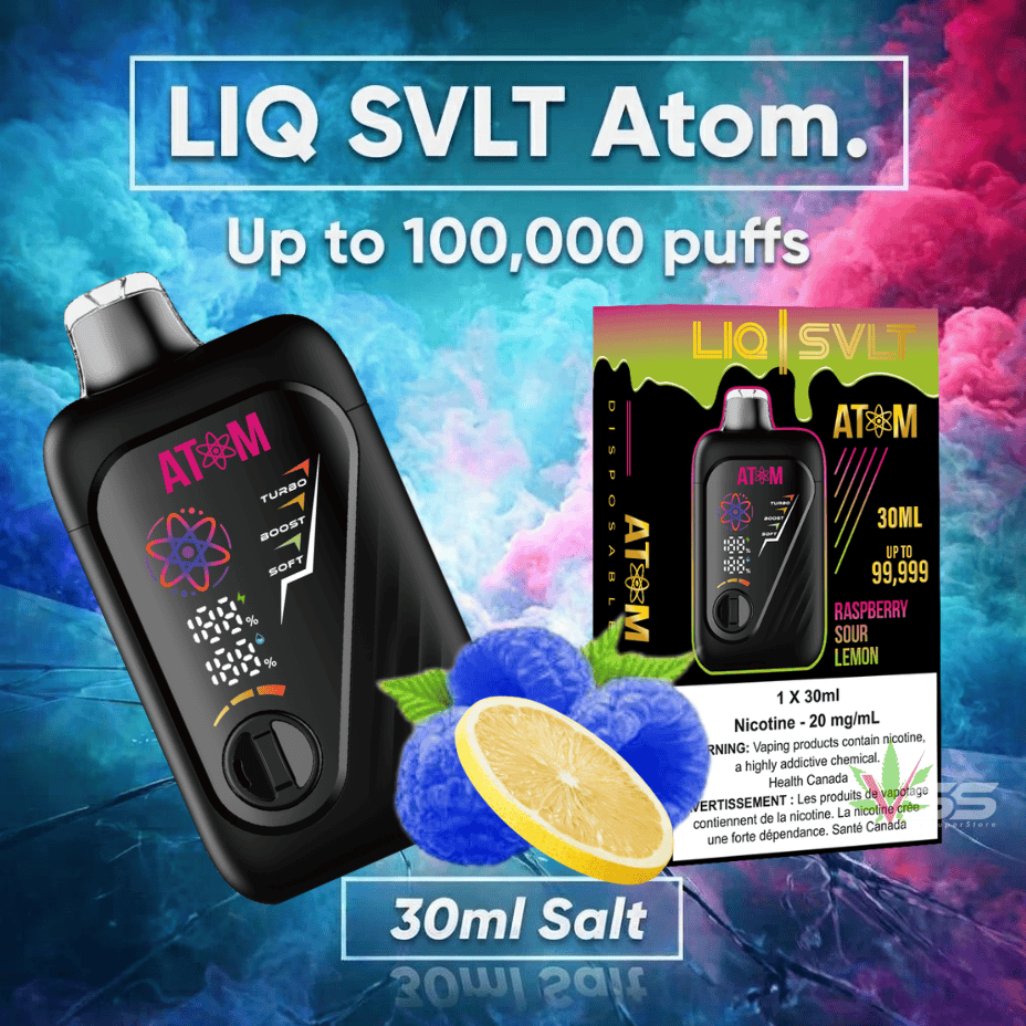 LIQ SVLT Atom 100K Disposable Vape-Raspberry Sour Lemon Vape Superstore  Saskatchewan Canada
