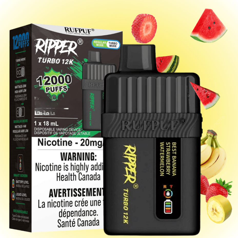 Ripper Turbo 12K Disposable Vape-Banana Strawberry Watermelon 12000 Puffs / 20mg Vapexcape Vape and Bong Shop Regina Saskatchewan