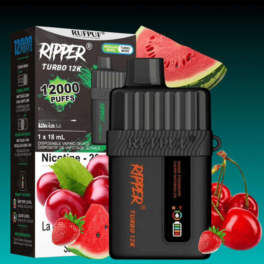 Ripper Turbo 12K Disposable Vape-Savage Strawberry Cherry Watermelon 12000 Puffs / 20mg Vapexcape Vape and Bong Shop Regina Saskatchewan