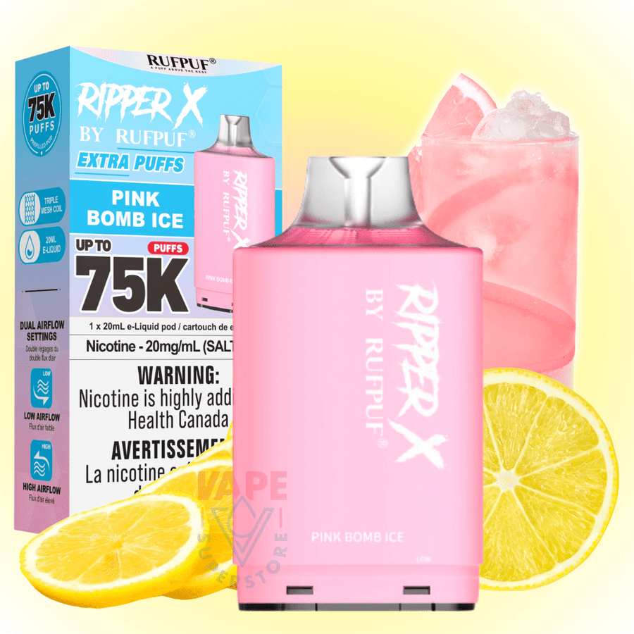 RufPuf Ripper X 75K - Pink Bomb Ice 75000 Puffs / 20mg Vapexcape Vape and Bong Shop Regina Saskatchewan