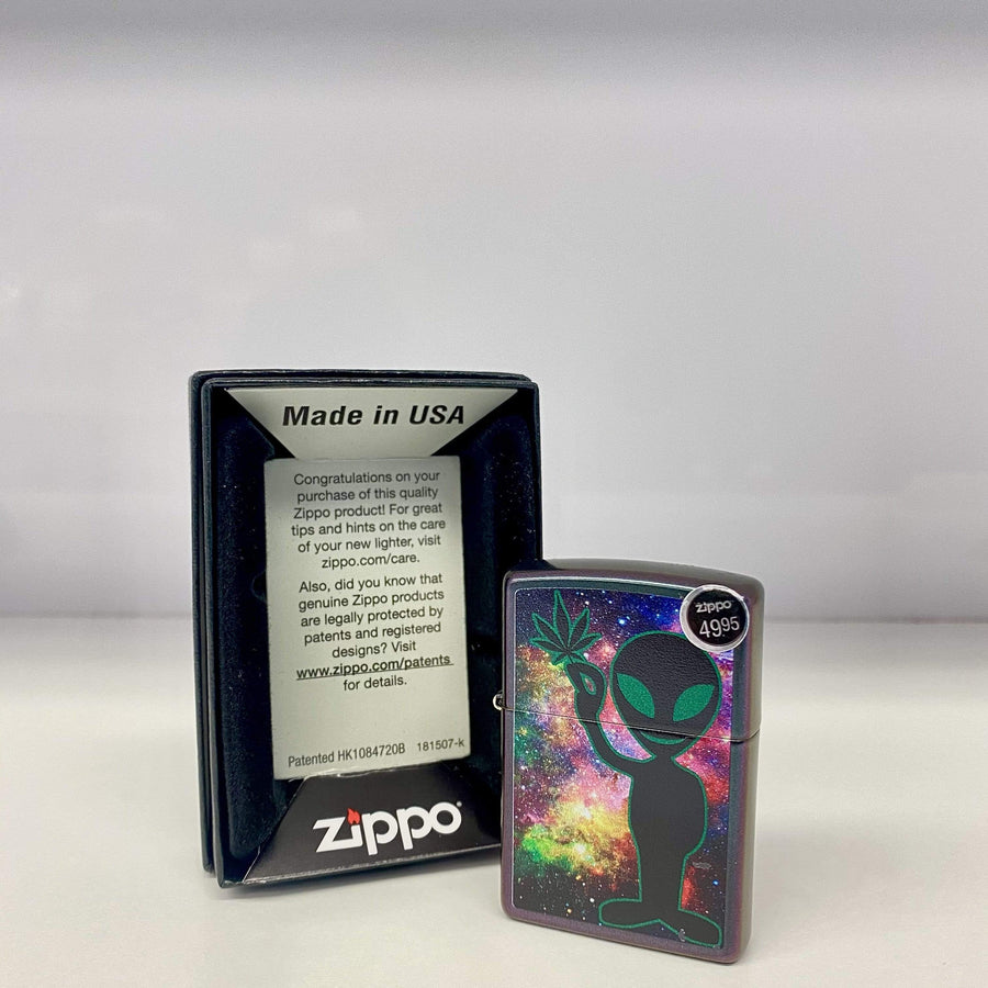 Zippo Lighter-Iridescent Alien with Marijuana Leaf Case Vapexcape Vape and Bong Shop Regina Saskatchewan