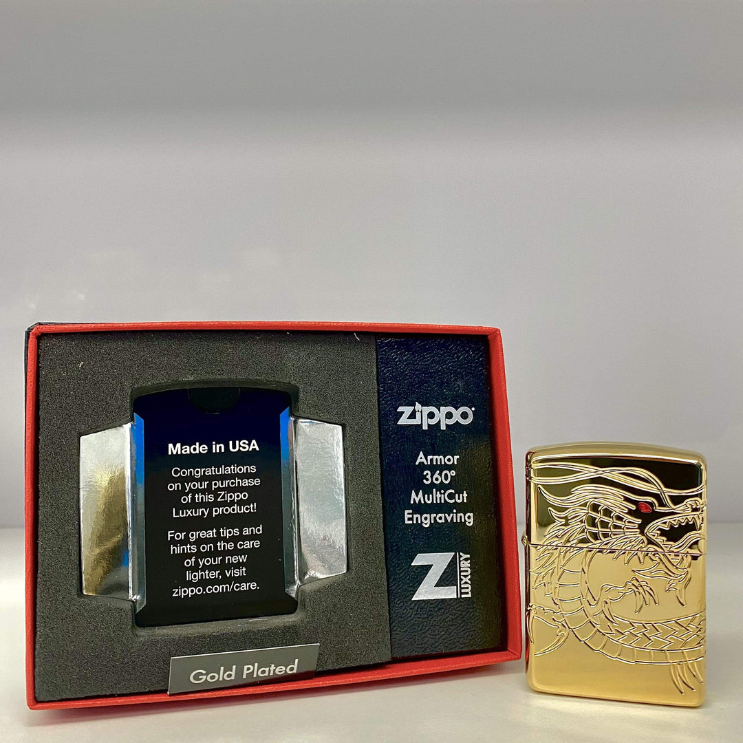 Zippo Luxury Lighter-Gold-Plated Chinese Dragon Case Vapexcape Vape and Bong Shop Regina Saskatchewan